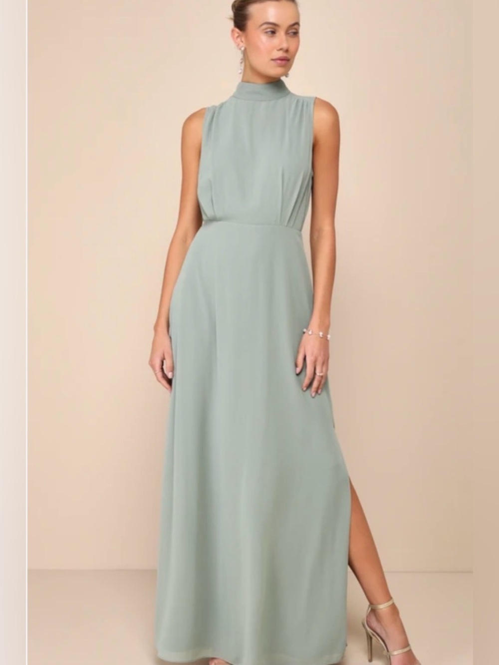 Lulus Classic Elegance Sage Chiffon Sleeveless Mock Neck Maxi Dress Small - Picture 1 of 15